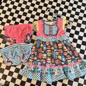 Matilda Jane Blue and Pink Baby Dress with Baking Print, Bloomers, and Hair Clip